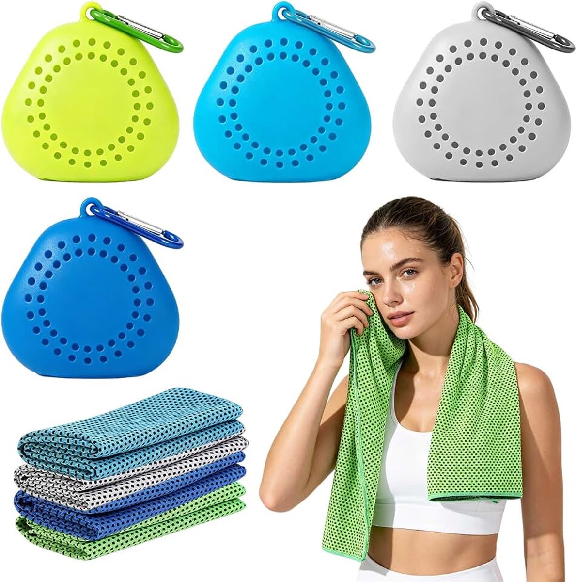 4 stuks verkoelende handdoeken, 60 x 30 cm, koelhanddoek, sneldrogende sporthanddoek met draagbare siliconen hoezen, gymhanddoek voor yoga, golf, wandelen, kamperen (lichtblauw, donkerblauw, groen