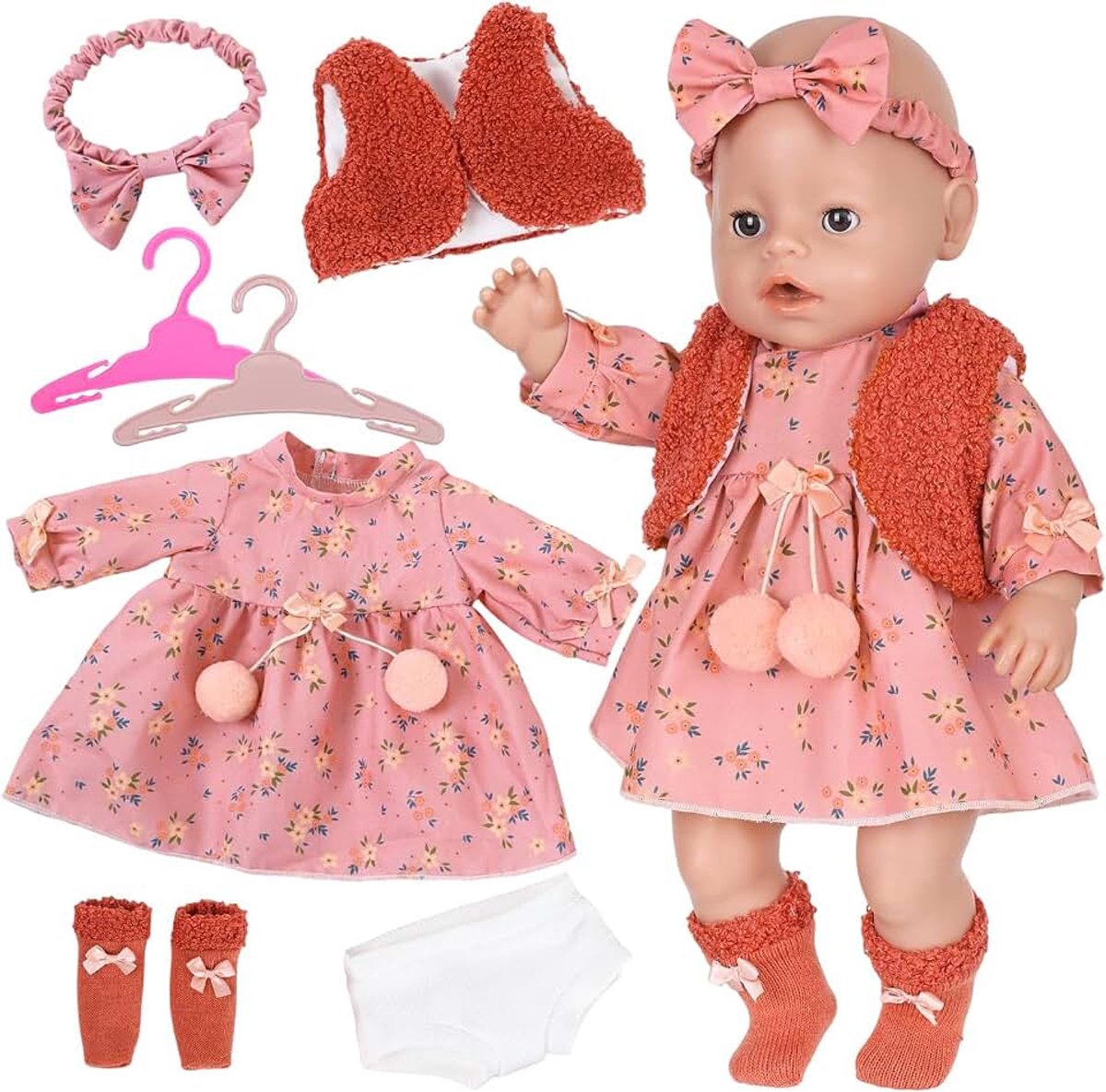 Babypoppenkledingset voor 35-43 cm poppen, 7-delige bloemenpoppenoutfit met bloemenjurk, pluizig vest, hoofdband, ondergoed, sokken, kleerhangers, cadeau voor meisjes voor verjaardag