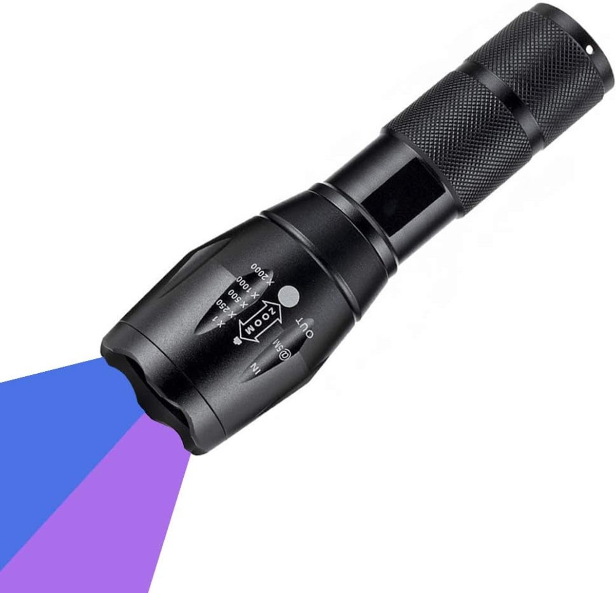 365 nm en 395 nm uv-zaklamp, ultravioletstraler, zoomcapaciteit, zwart licht, dubbele bron, UV-urinedetector voor huisdieren, controle van documenten, schorpioenkunst, fotografie