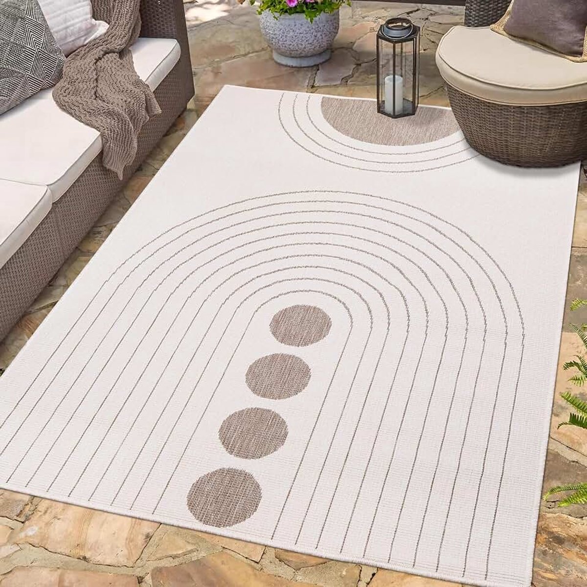 Carpet city Indoor en outdoor tapijt, beige, crème, omkeerbaar tapijt, 120 x 170 cm, cirkelpatroon, weerbestendig voor balkon, terras, modern, voor binnen, woonkamer, keuken
