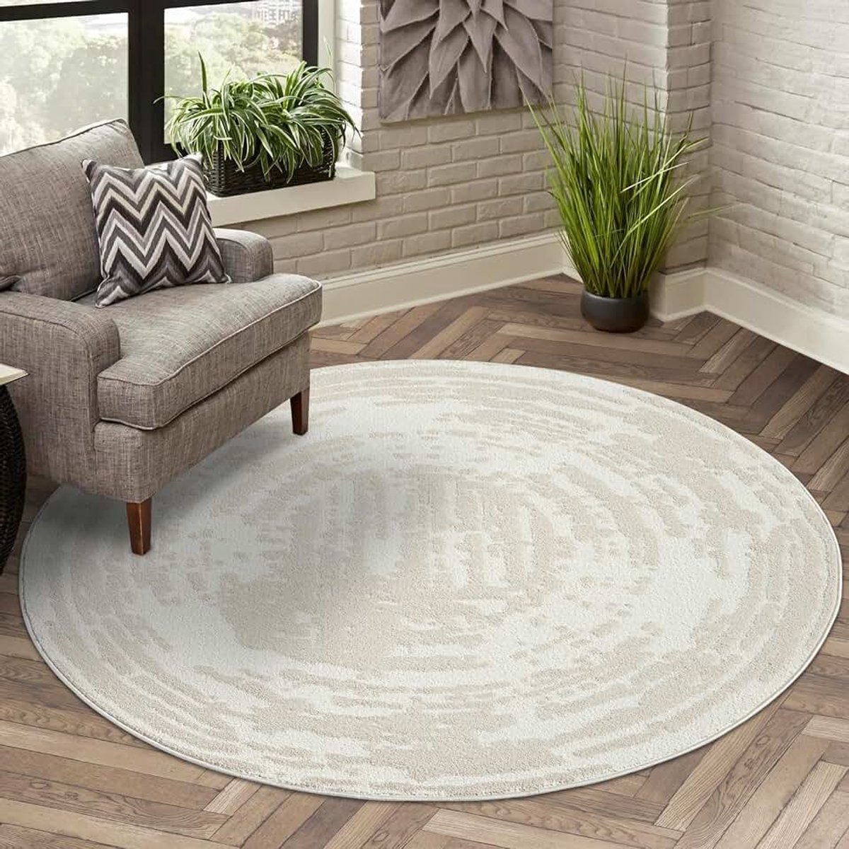 Carpet city Vloerkleed, laagpolig, voor woonkamer, beige, 160 cm rond, gemêleerd, geo-patroon, 3D-effect, vlakpolig, slaapkamer, eetkamer