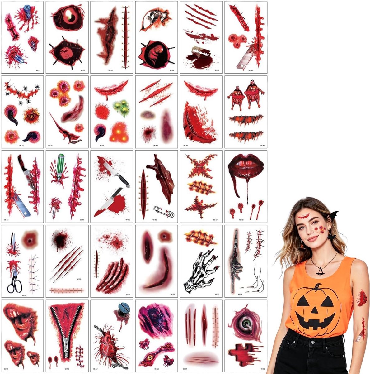 Tattoos Halloween Set, 30 Vellen Nep Litteken Stickers, Zombie Wond FX met Bloedkorst, Tijdelijke Tattoos voor Volwassenen, Stijl 2