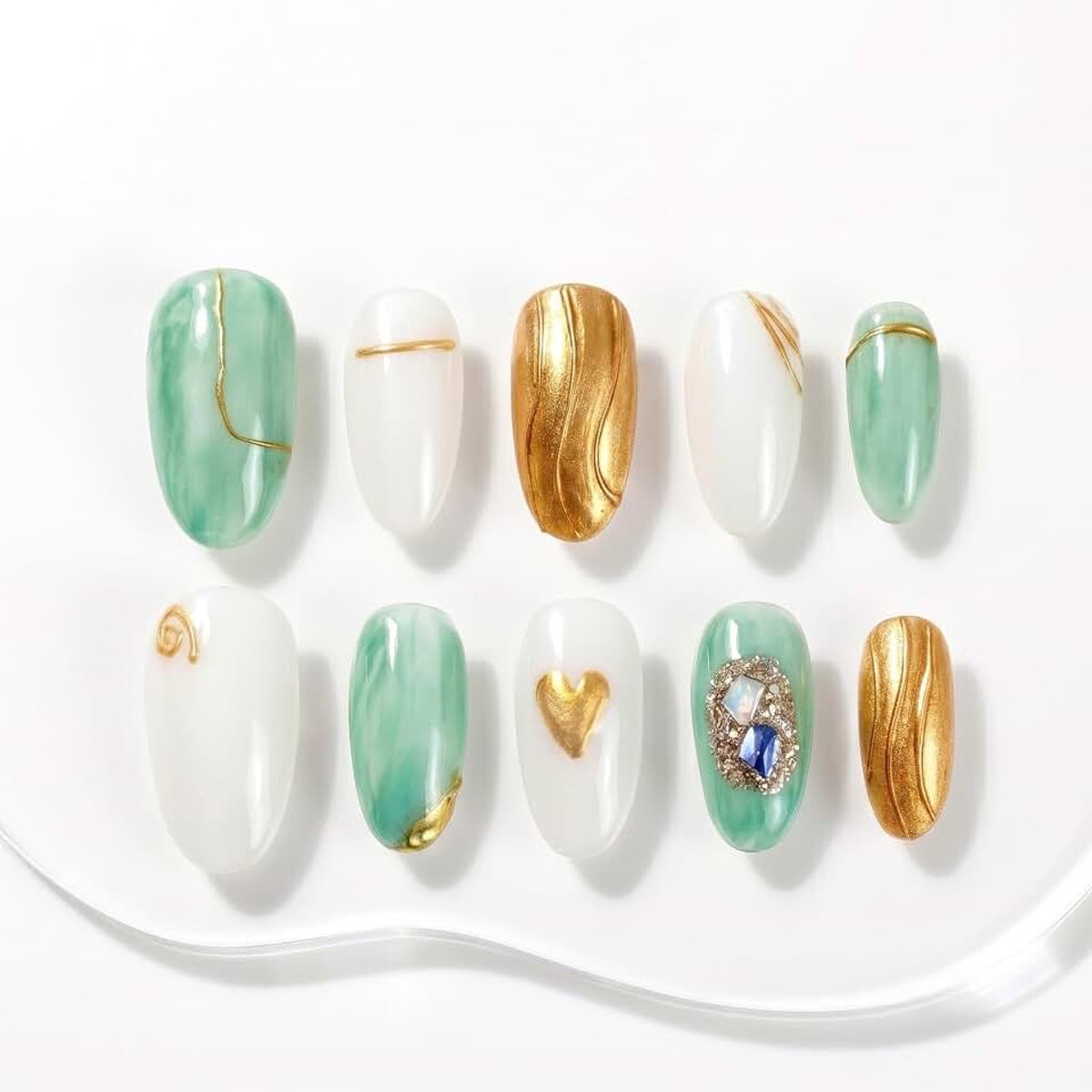 Beam Nails Handmade Press On Nail Medium Oval White Acrylic Fake Tip 3D Irregular Design Art Charms Cute with Storage Box 10 Pcs (#006 S)
