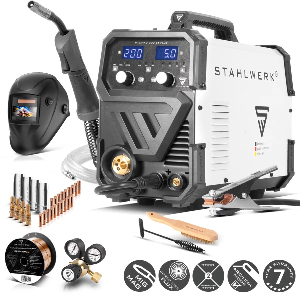 STAHLWERK lasmachine MIG MAG 200 ST Plus volledig uitgerust gasbeschermd lasapparaat | IGBT inverter met 200 A, synergische draadaanvoer, FLUX, Lift-TIG en MMA | ARC-functie