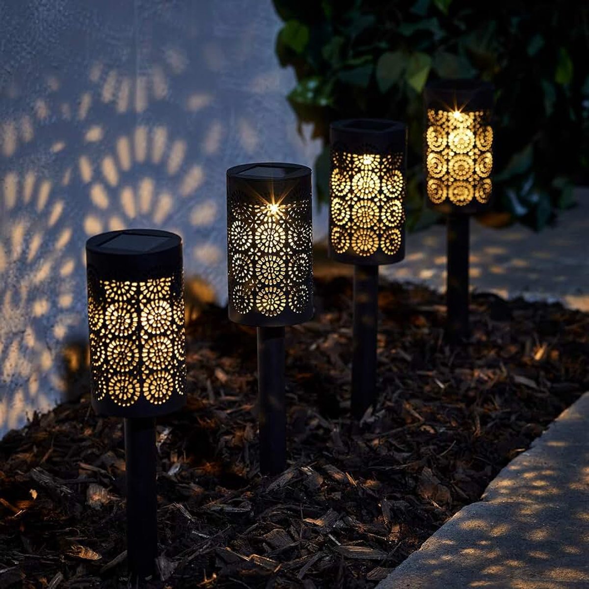 Set van 4 Marokkaanse LED-lampen op zonne-energie, tuinverlichting, warm-wit