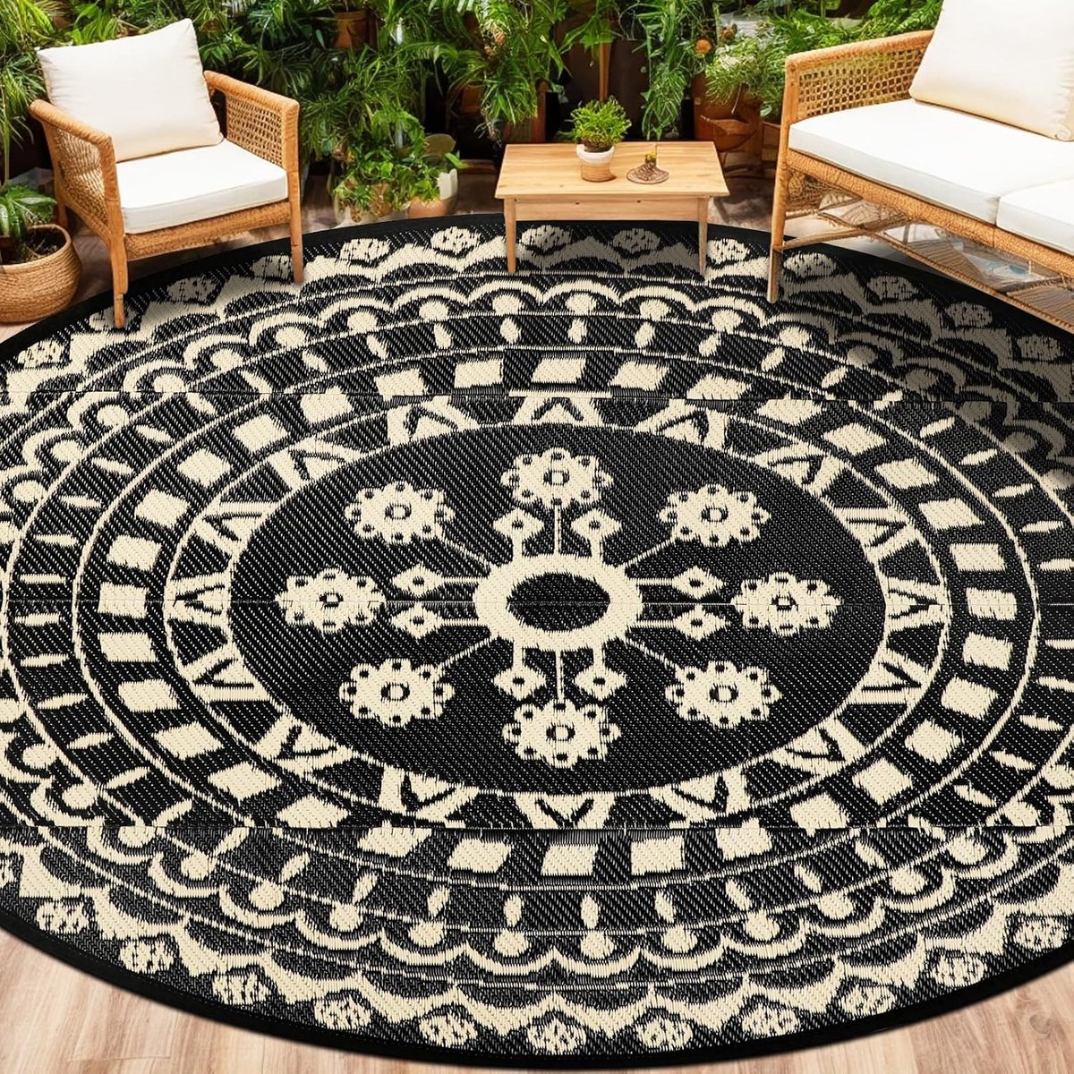 Rond buitenterras, tapijt, diameter 240 cm, omkeerbare picknickmat, waterdicht kunststof, strotapijt, boho, voor binnen en buiten, tapijt voor camper, achtertuin, balkon, picknick, strand,
