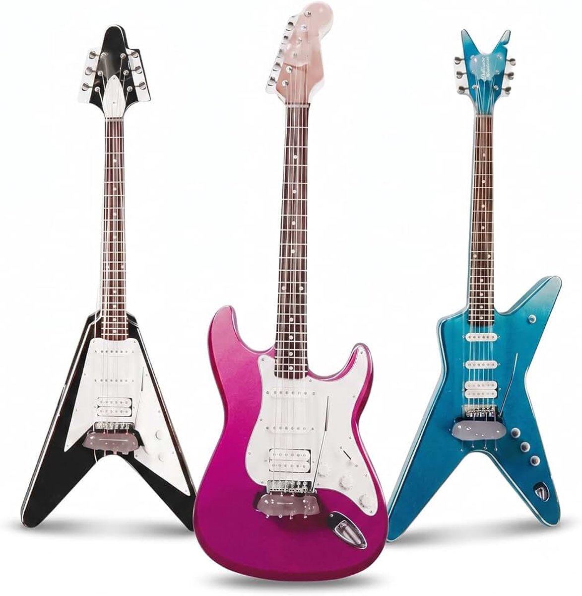3 stuks mini-elektrische gitaar, miniatuur, decoratieve set (blauw, paars, zwart) voor modelbouw en diorama, schaal 1:12, reproductie van muziekinstrumenten om te verzamelen en te decoreren
