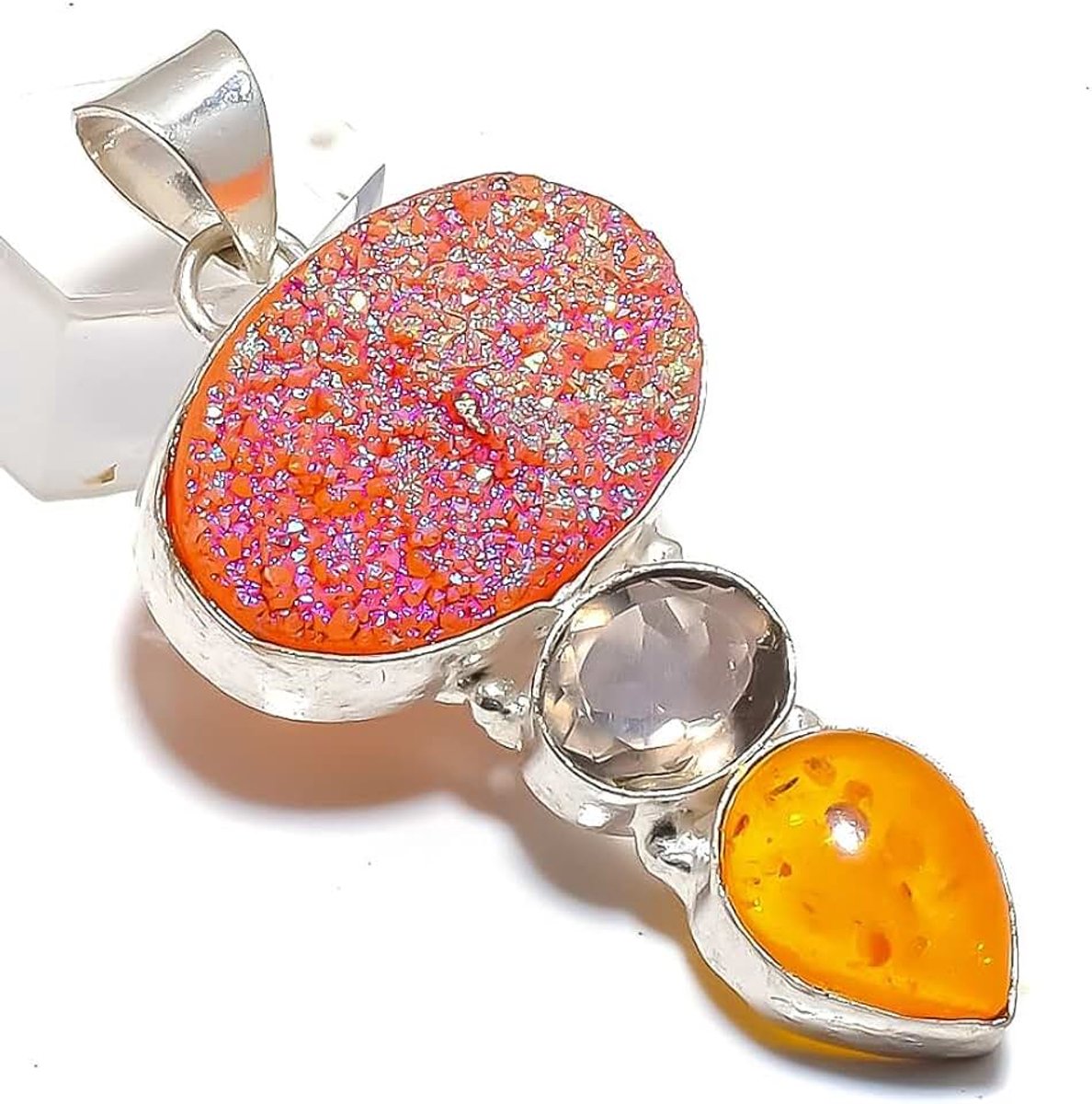 Solar Druzy, Baltic Amber, Smokey Topaz Quartz Multi-Stone Handmade Pendant 2" Long For Girls Woman's Sterling Silver Plated Jewelry From Kashish