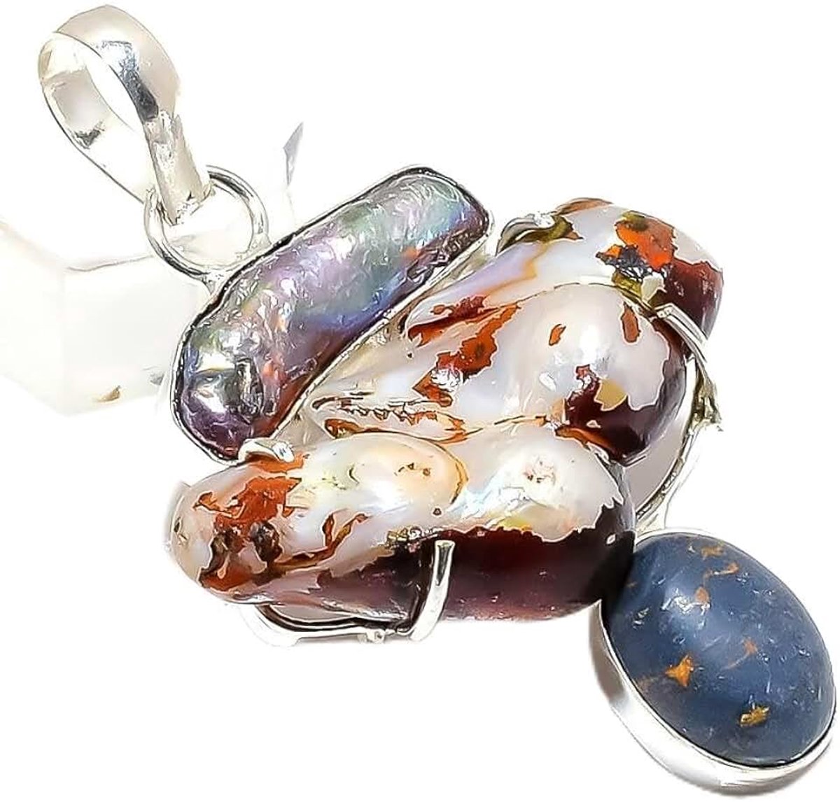 Turquoise, Blister Pearl Multi-Stone Handmade Pendant 2-2.5" Long For Girls Woman's Sterling Silver Plated Jewelry From Kashish