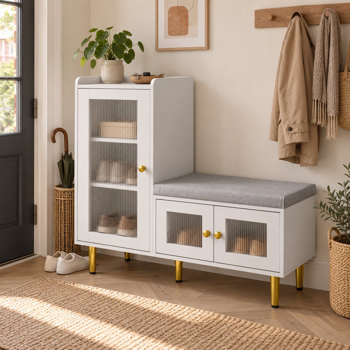 Schoenenkast met zitbank 100x35x90 cm wit met geribbeld glas, gouden poten en zacht kussen