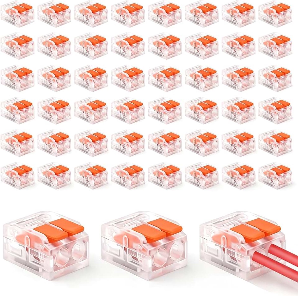 50 stuks Kabelverbinder met bedieningshendel 2-polige elektrische aansluitblokken/verbindingsklemmen voor vaste en flexibele kabels (Oranje)