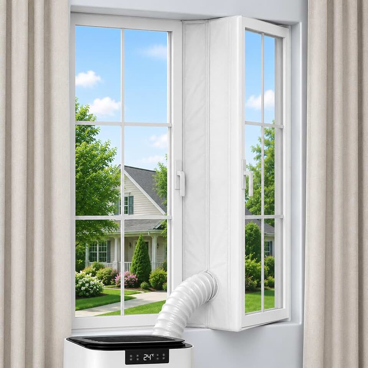 Raamafdichting voor mobiele airconditioner, afvoerslang afdichting voor draai- en kantelramen, raamafdichting zonder boren, waterdicht polyester met ritssluiting en klittenband (560CM)