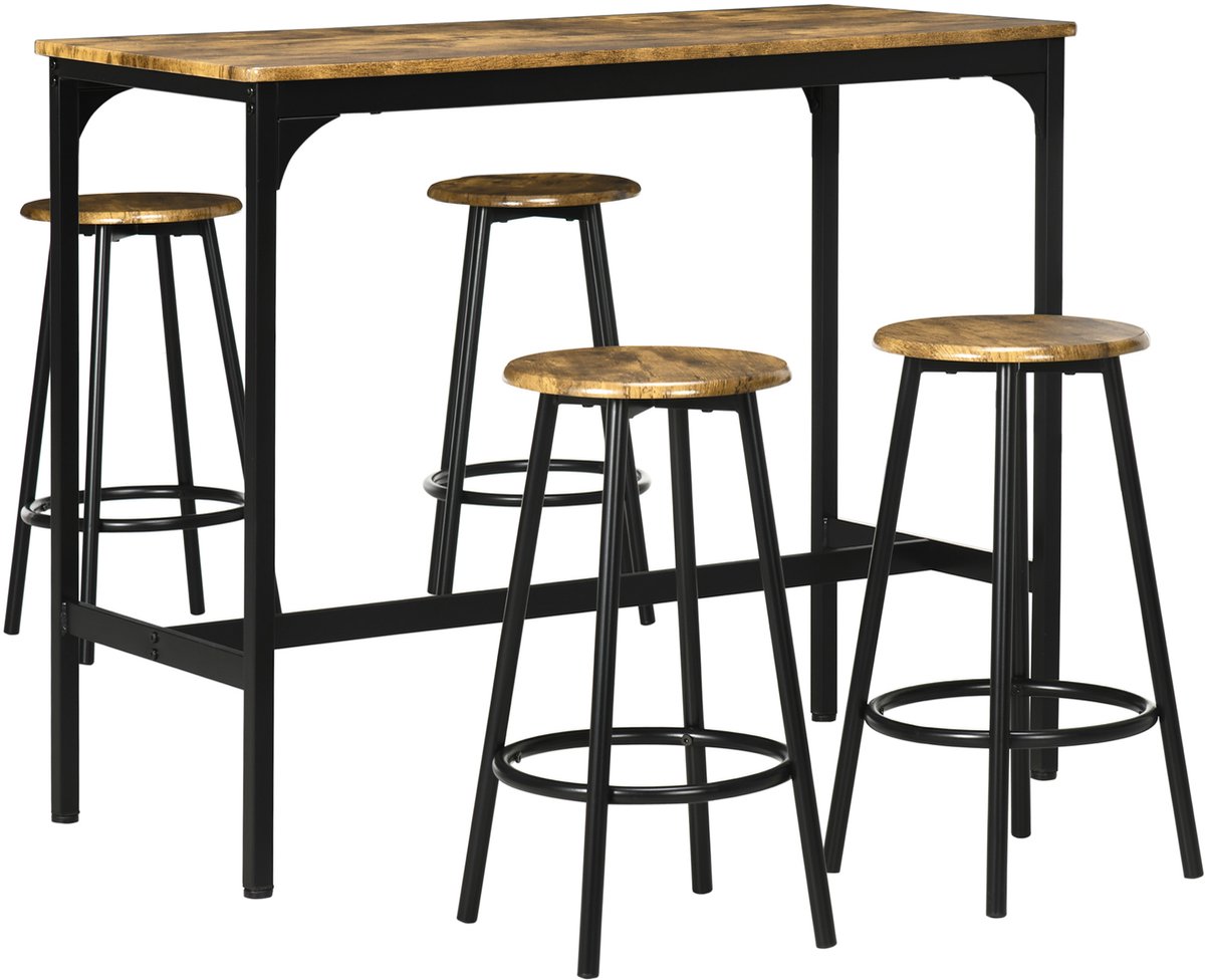 Hoge Bartafel Set met 4 Barkrukken en Voetensteun voor Keuken en Eetkamer