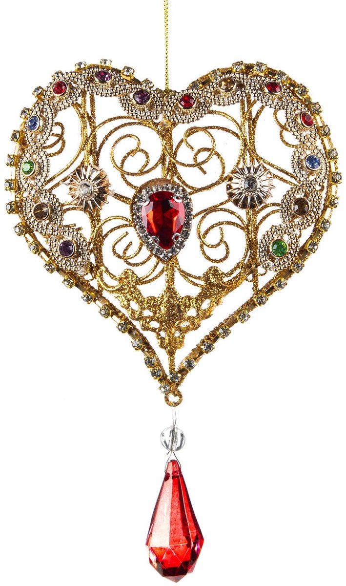 Kerstbal hart met juwelen goud-rood 15 cm