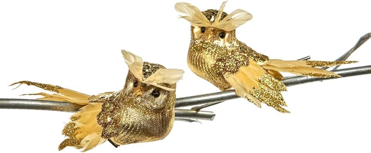 Goodwill: Kerst gouden pailletten veer uil op een clip 10cm (2 assorti)