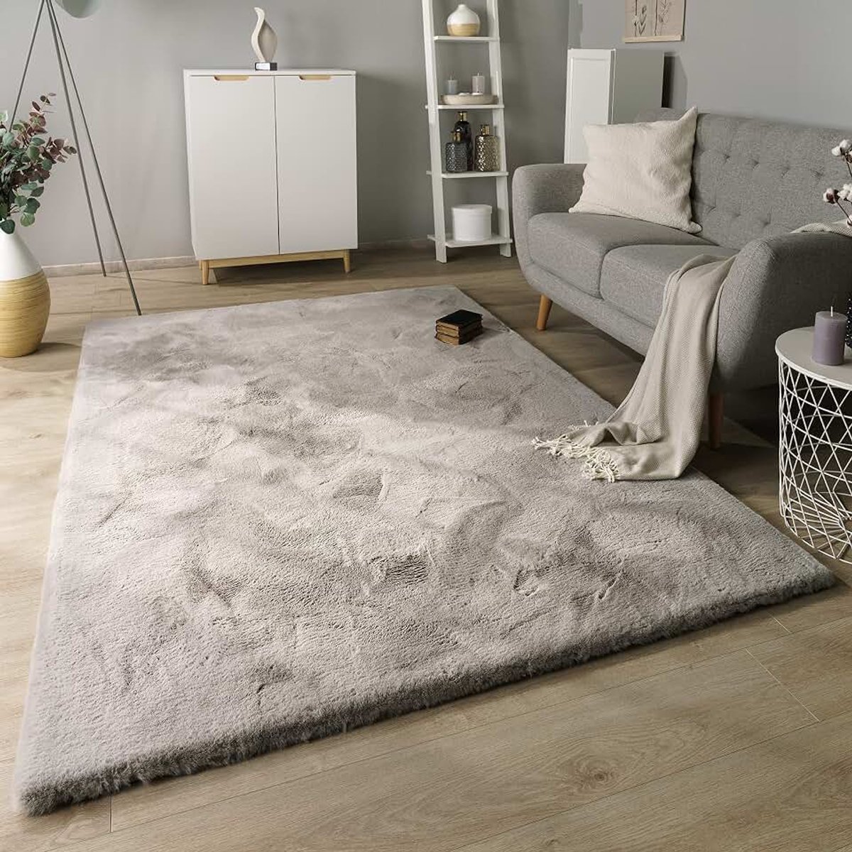 Home Hoogpolig Vloerkleed Woonkamer Shaggy Konijnenbont Imitatiebont Hoogpolig Pluizig, Maat:Ø 160 cm rondje, Kleur:Grijs