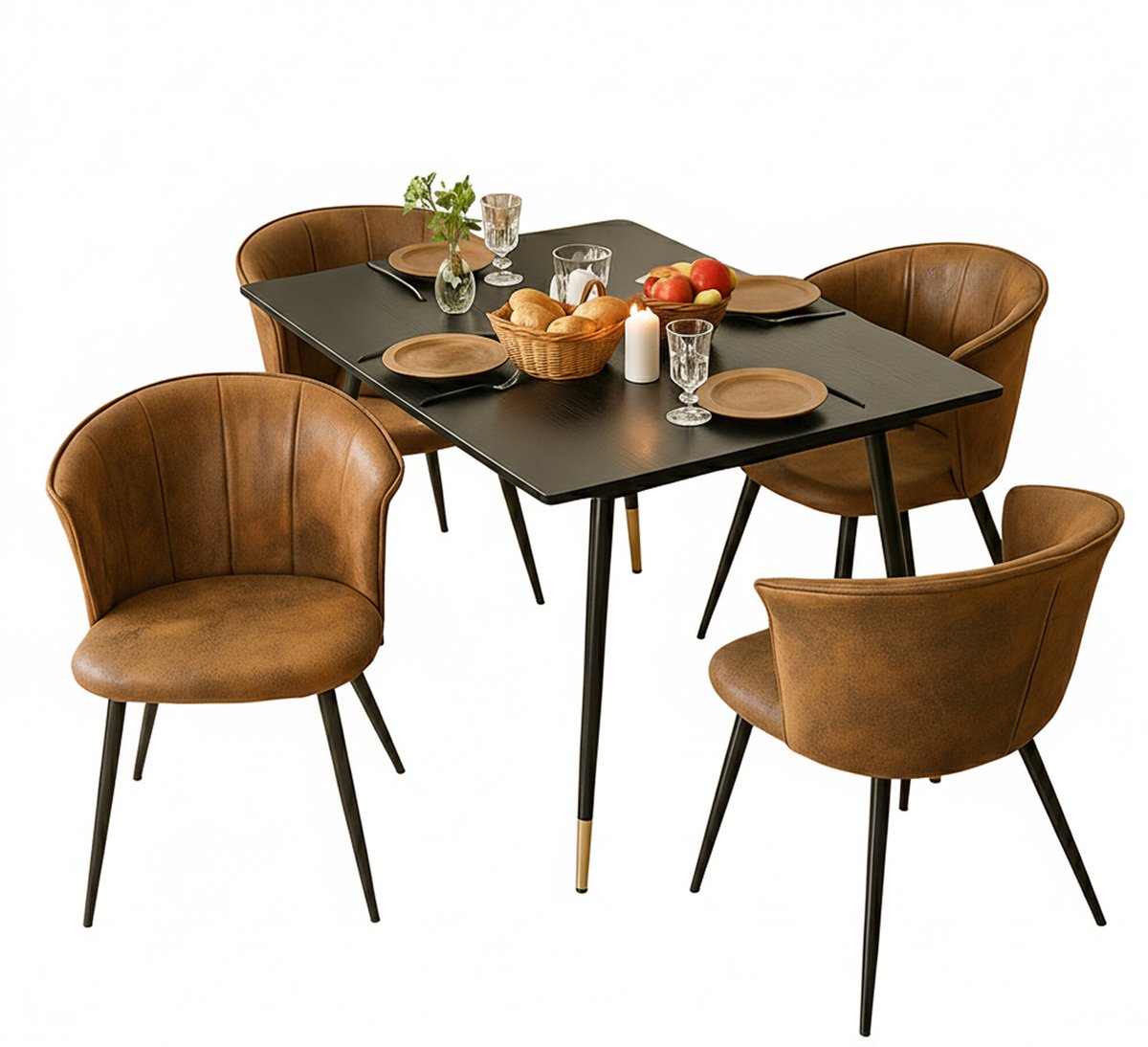 Eetkamerset - Uittrekbare Tafel Met 4 Vintage Kuipstoelen - Bruin