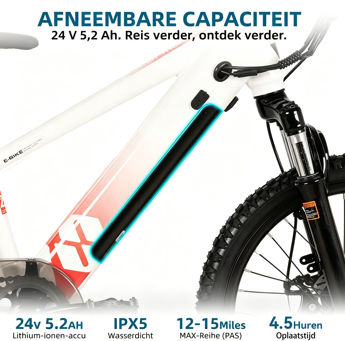 JOYSTAR 24 Inch Elektrische Kinder Mountainbike - 250W E-Bike voor Kinderen (7+ Jaar) - 25 km Actieradius - Met Verwijderbare Accu & Schijfremmen – Spaakwiel - Wit thumbnail 4