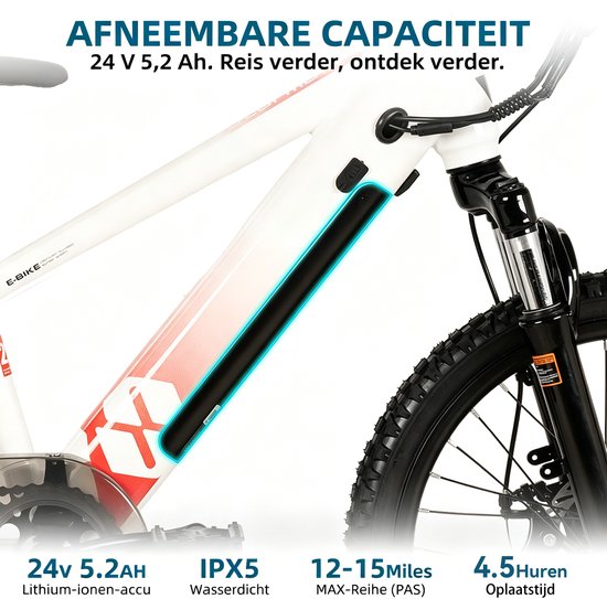 JOYSTAR 24 Inch Elektrische Kinder Mountainbike - 250W E-Bike voor Kinderen (7+ Jaar) - 25 km Actieradius - Met Verwijderbare Accu & Schijfremmen - Spaakwiel - Wit — afbeelding 4