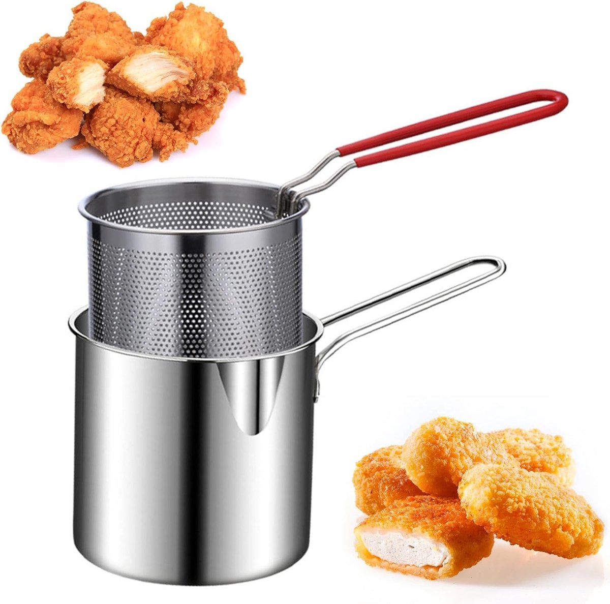 Multifunctionele mini-friteuse - Roestvrijstalen friteuse - Tempura-friteuse - Visolie-friteuse - Met zeefmandje en deksel - Geschikt voor gezinsgebruik, picknicks, reizen en andere gelegenheden - Zilver