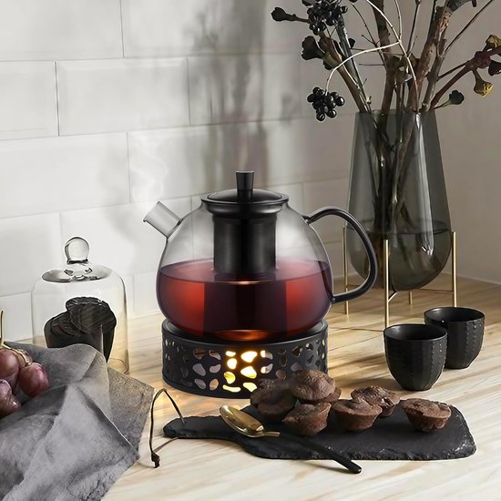 Warmhoudschaal - Roestvrijstalen theepotverwarmer - met theelichthouder - Theelichthouder - Theeset - Roestvrij staal - 15 cm - Geschikt om thee, koffie en melk warm te houden - Zwart - 1 stuk — afbeelding 3
