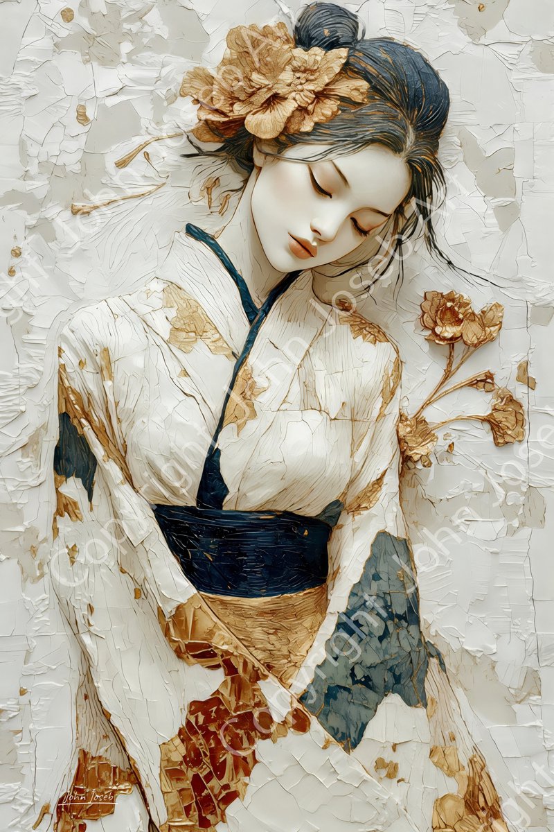 John Joseb Art (Glas) 120x80 | Geisha, Japan, abstract, artistiek, vrouw, kunst, goud, blauw, wit, grijs, modern | Foto-schilderij-glasschilderij-acrylglas-acrylaat-wanddecoratie