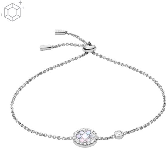 Zilverkleurige armband met een ronde, bezette hanger in het midden met een mozaïek van gekleurde steentjes en een kleine steen ernaast.