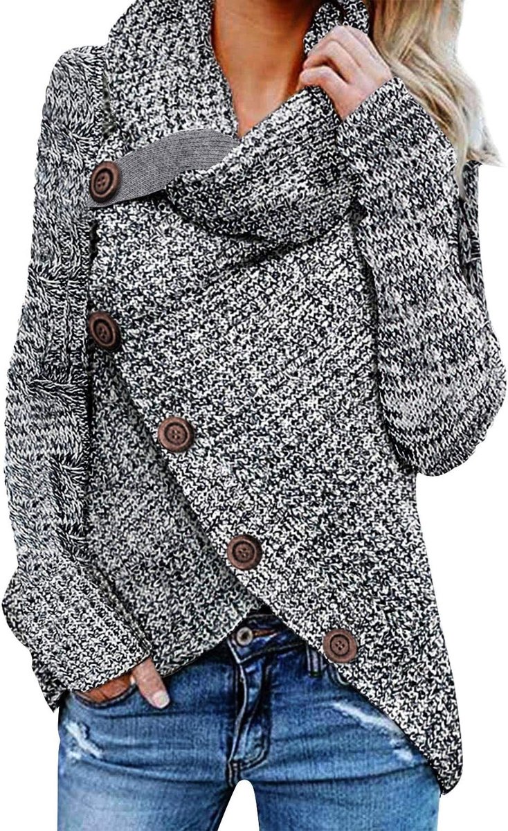 Gebreid damesvest, warm, oversized, rolkraag, grof gebreid, wintertrui, lange outwear, casual, sweatshirt, asymmetrisch bovenstuk, S-XL
