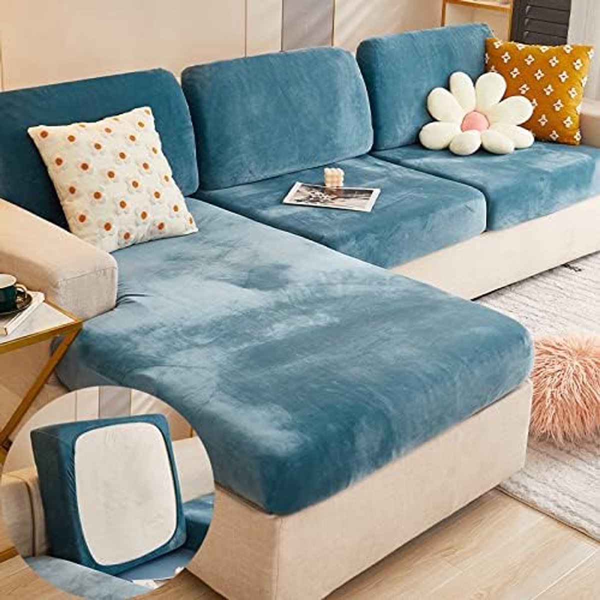 Kussenhoes voor L-vormige bankhoes met chaise longue 1 2 3 zitkussen hoes meubelbeschermer bankkussenhoezen(blauwe rugleuning(2 stuks))