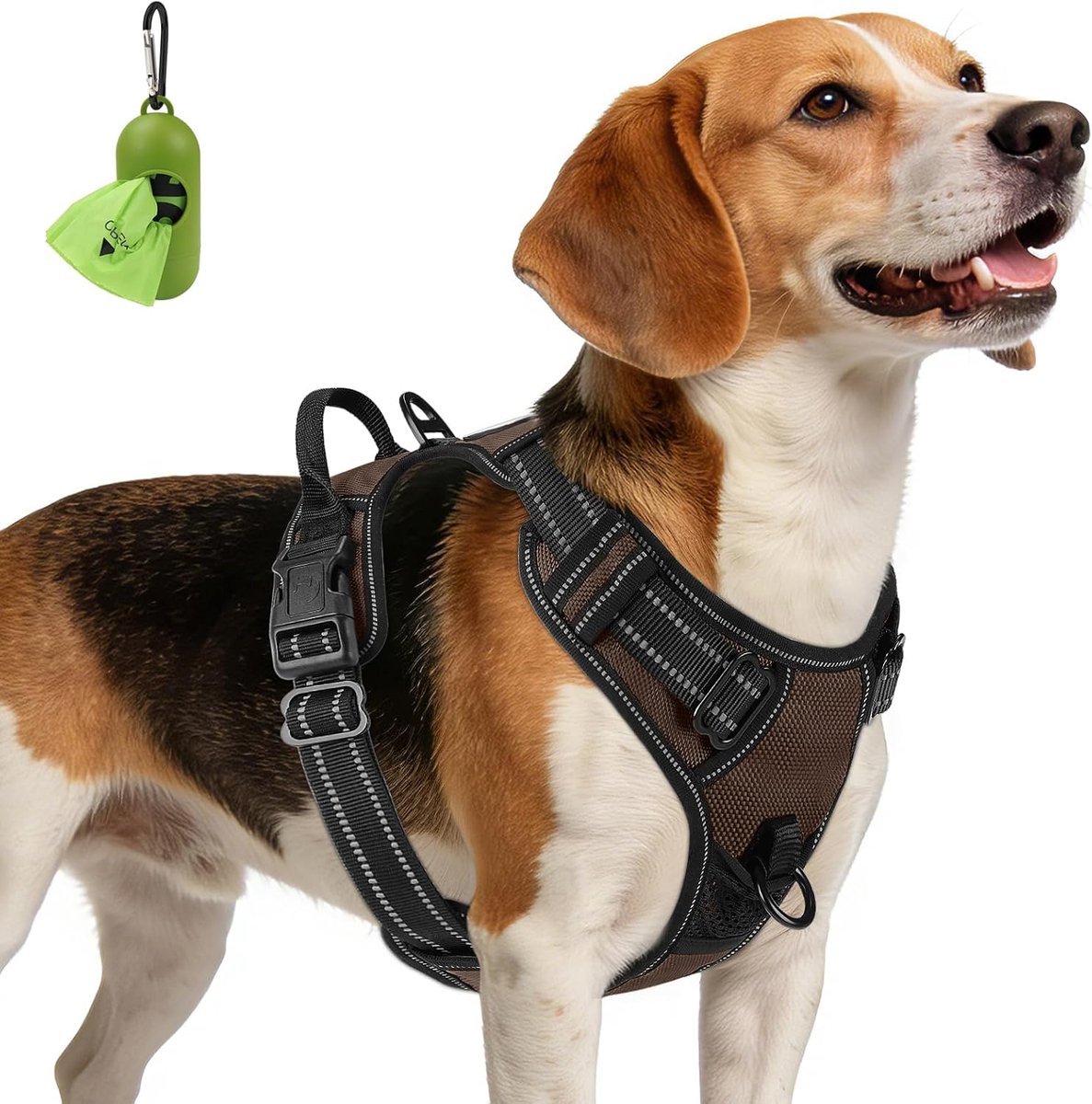 Hondenharnas Medium Geen Trek Harnas voor Honden met 2 Riemclips, Verstelbaar Zacht Gevoerd Hondenharnas Reflecterend met Gemakkelijke Controle Handgreep voor Wandelen en Training, Bruin, M
