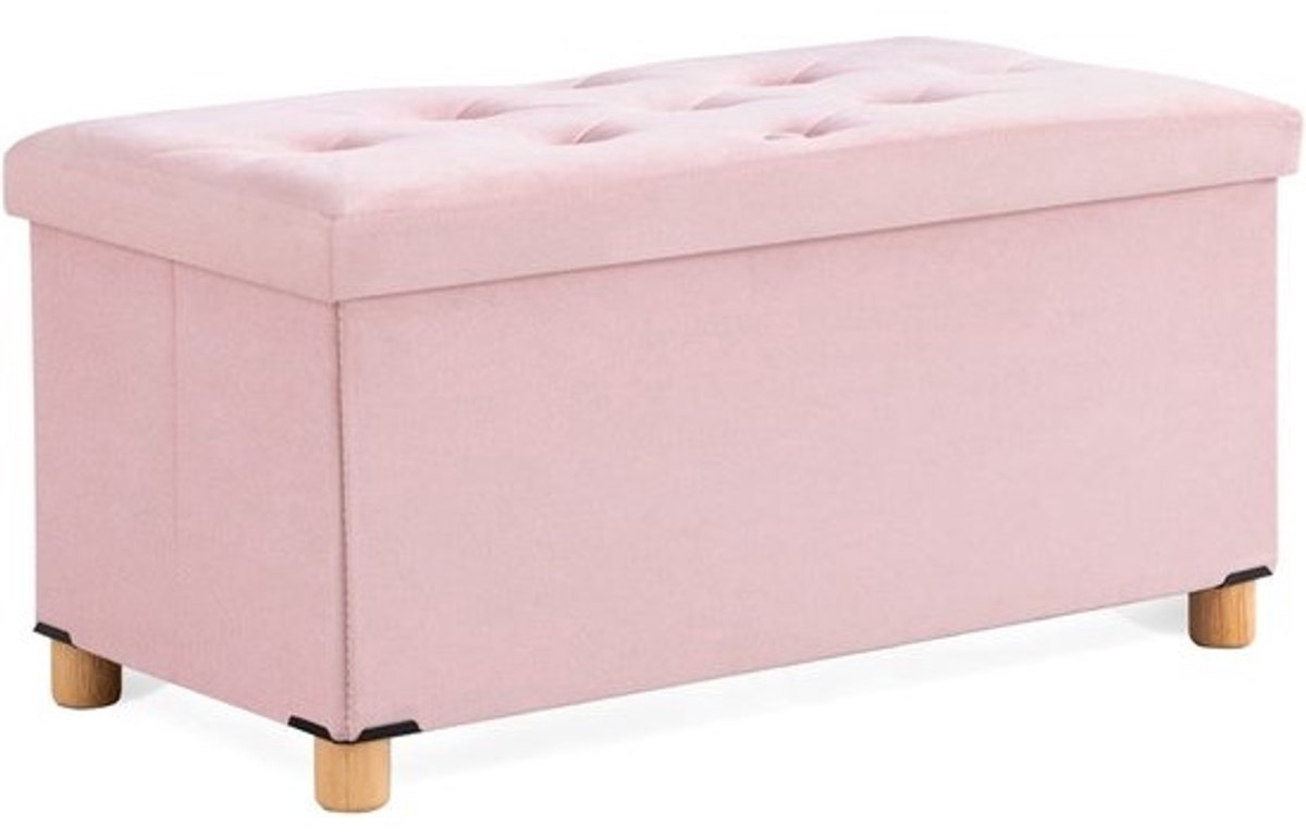 SolidKeus - Opvouwbare Poef met Opbergruimte en Houten Poten, Roze