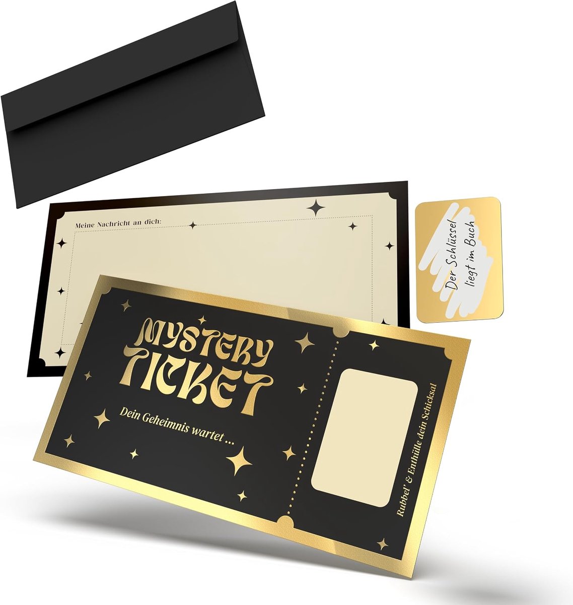 Ticket met krasstickers, zwarte kraskaart om te vullen en cadeau te geven, mysterieus cadeau-idee voor Escape Room, evenement, spel of verrassing - incl. envelop - 1 stuk