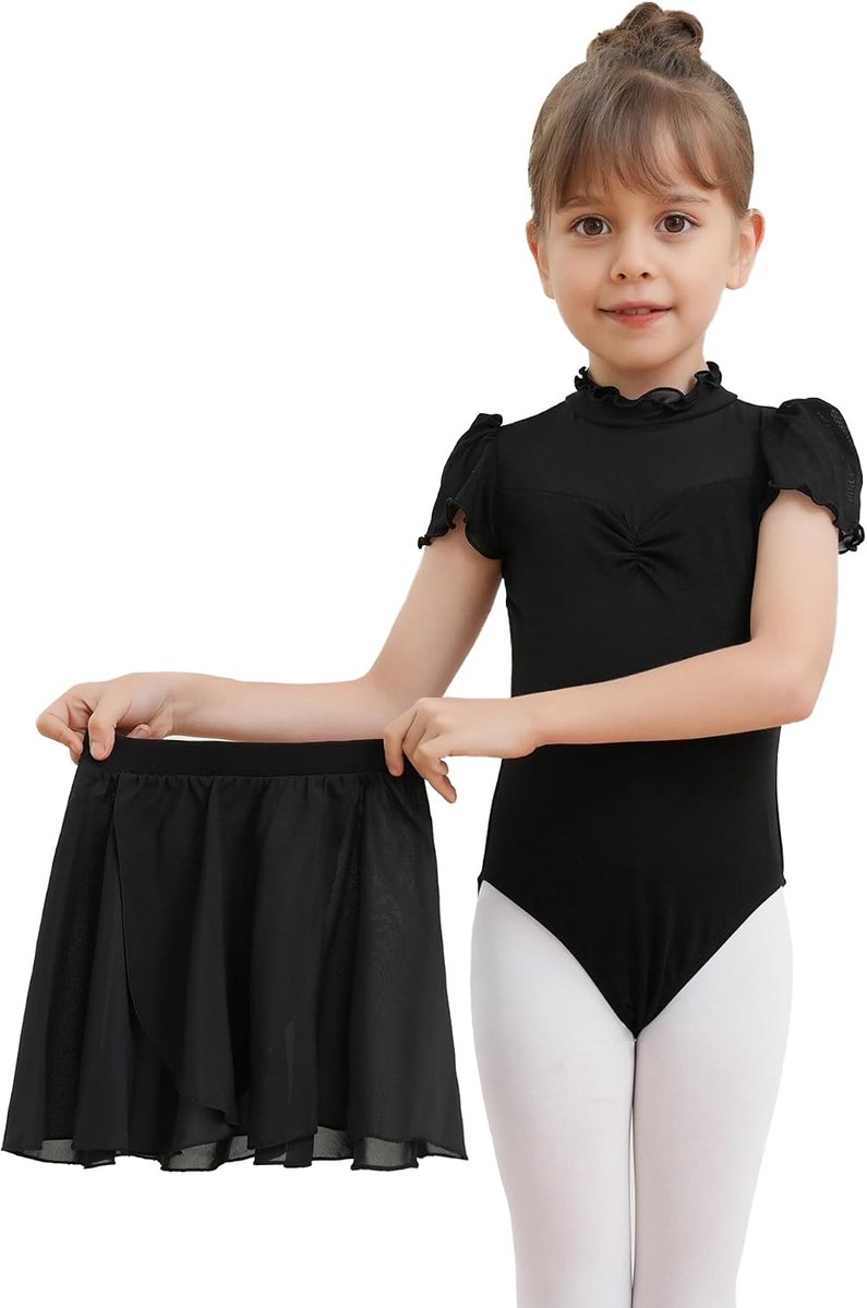 2-delig ballet meisje korte mouw gymnastiek kostuum met chiffon dance wrap jurk voor kinderen dance kostuum set