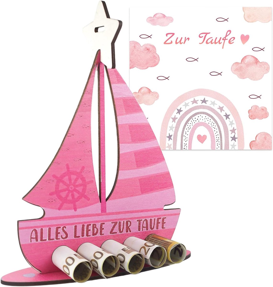 Doopcadeaus voor meisjes, doopkaart meisjes, doopcadeau, alles liefde voor doop, doopkaart, decoratie met houten boot, doopcadeau, sterren en doopkaart (roze)