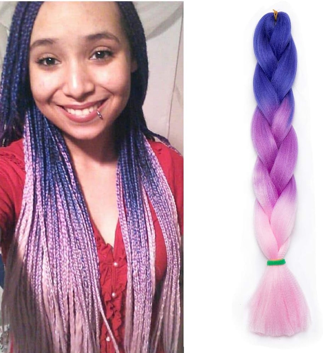Haarextensies, gehaakte vlechten, extensies, vlechten, synthetisch haar, 1 stuk, 60 cm, koningsblauw en paars en roze
