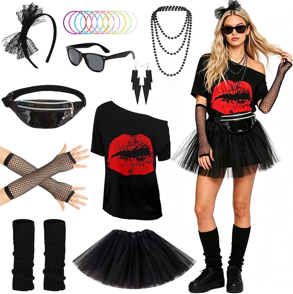 80-outfit voor dames, jaren 80 workoutkostuum, jaren 80-accessoires, jaren 80/90-outfit voor dames, jaren 80/90-kleding, kostuumaccessoires, voor carnaval, themafeest