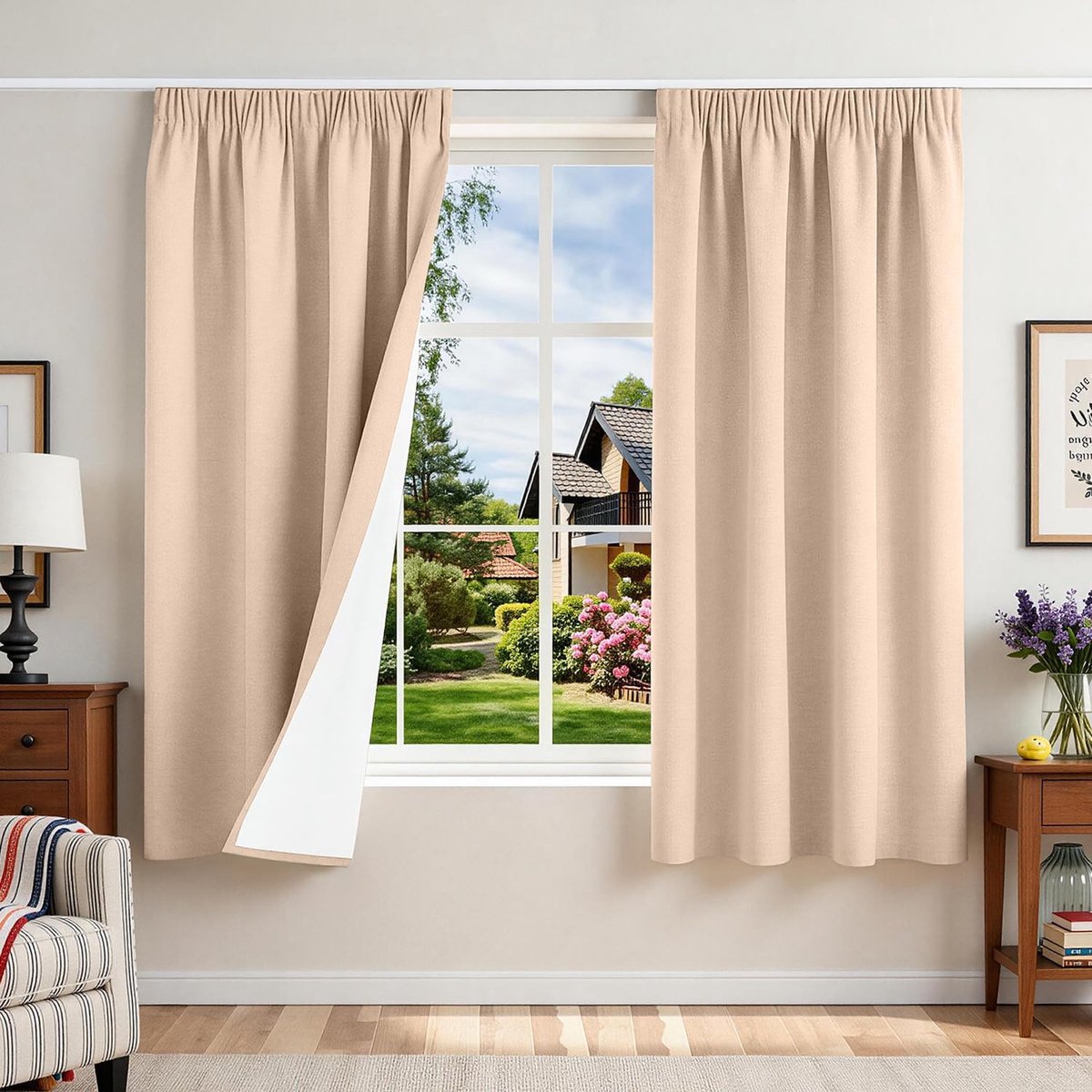 100% ondoorzichtige gordijnen met plooiband, linnenlook, verduisteringsgordijnen, 180H x 120B, set van 2, perzikroze gordijnen, thermische gordijnen, bescherming tegen kou, woonkamer
