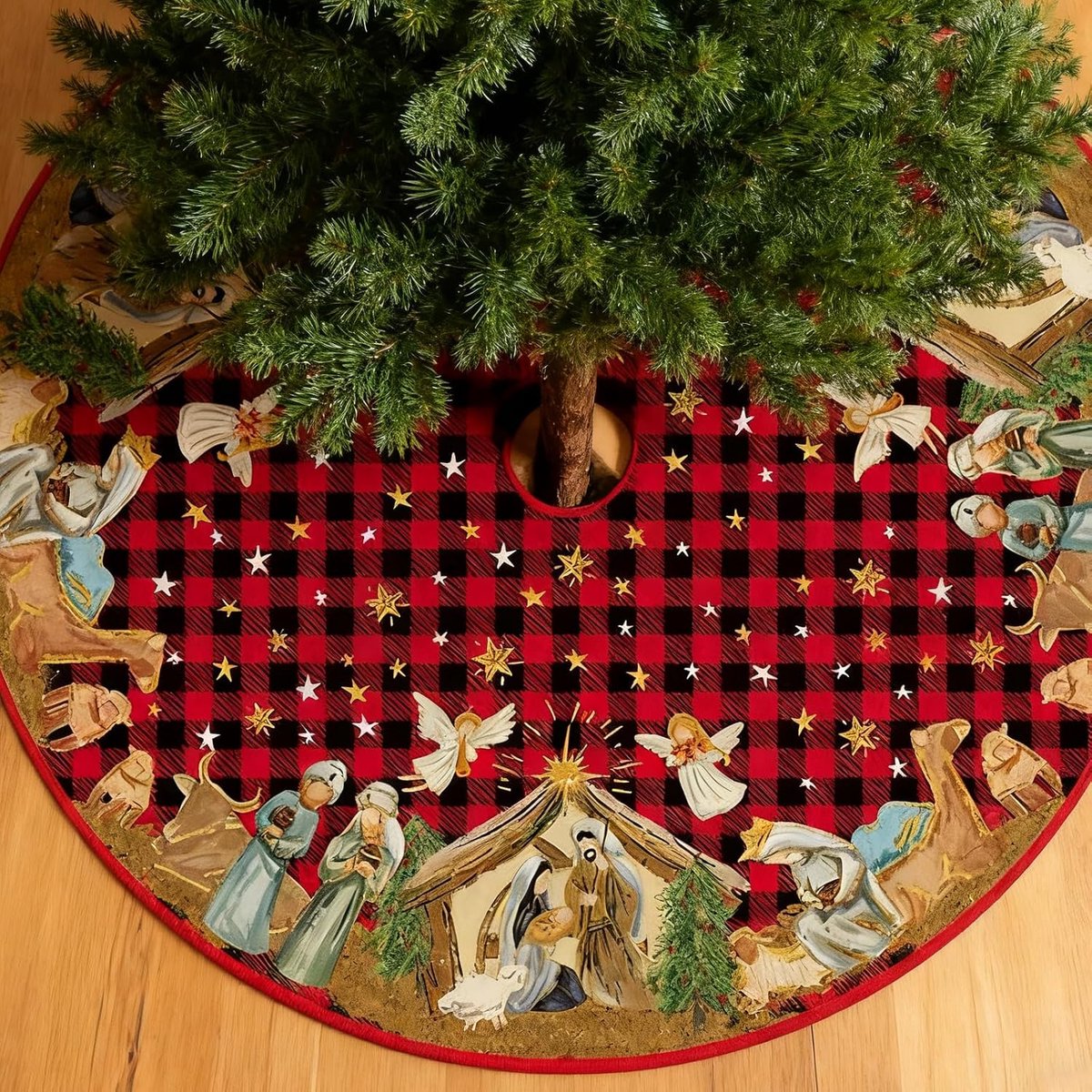 Rond kerstboomrok 122 cm kerstboomdeken rond met sterren Eng-els mensen diermotief kerstboomdeken rood 122 cm voor kerstboomversiering plafond kerstboom
