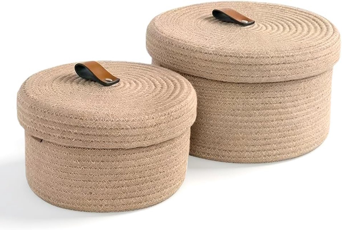 2 stuks opbergmanden met deksel, 2 voor tafel, decoratief, opbergmanden met deksel (28 x 16,5 cm/23 x 12,5 cm), voor kinderkamer, woonkamer, badkamer (kaki)