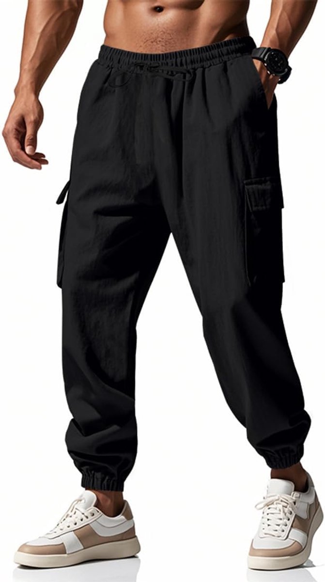 Herenbroek met zakken en elastische tailleband, casual, licht, voor heren, comfortabel, losse pasvorm, strandbroek, baggy broek, lente