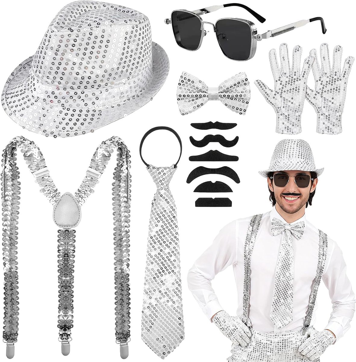 Paillettenkostuumset met hoed en accessoires voor podium en carnaval
