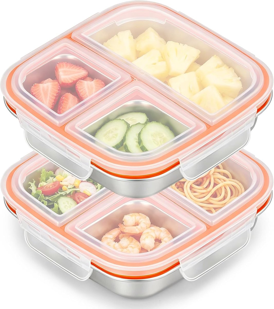 Snackbox met 3 vakken, roestvrij staal, lunchbox, 600 ml, lekvrije snackbox
