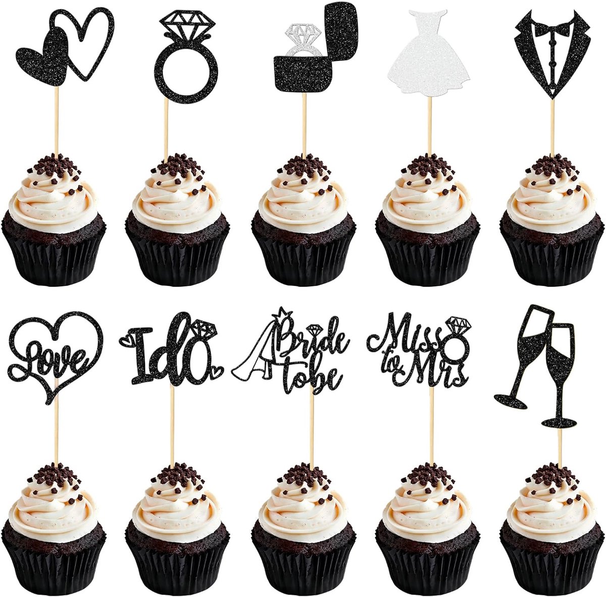 Set van 30 Bruid Taartdecoratie, Bruidscupcake Decoratie, Bruidscupcake, Taartdecoratie, voor Bruiloften, Verlovingen, Bruidsdouches, Vrijgezellenfeesten (Zwart)