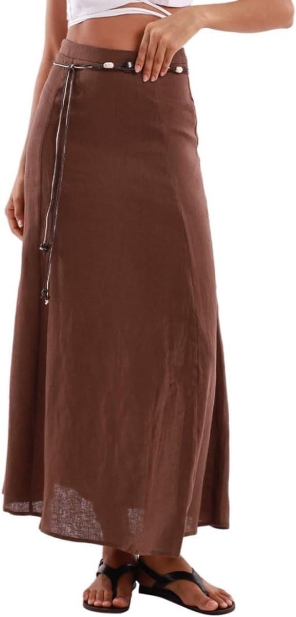 Zomerrok voor dames, linnen, lange rok, A-lijn, lange maxi-rok, elegant, casual, strandrok, met riem en zakken