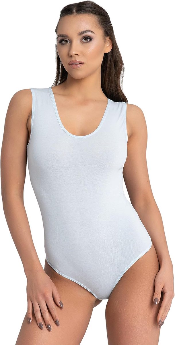 Stringbody voor dames, bodysuit met brede bandjes in het kruis, schoudervrije stretch-overall met ronde hals.