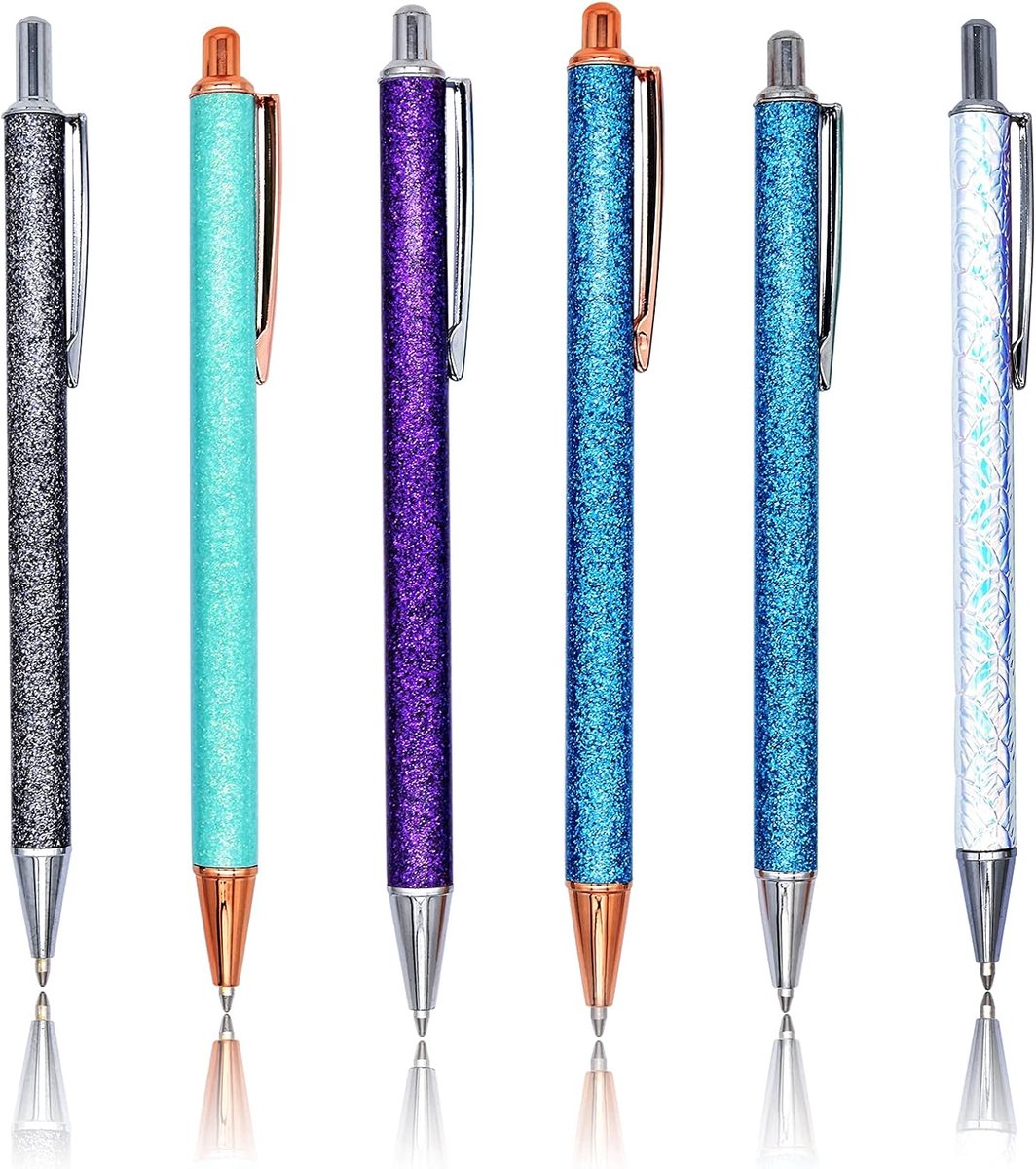 6 Stuks Glitter Metalen Zwarte Intrekbare Balpen Bling Rose Gold Clip voor School Business Office, Stijl C