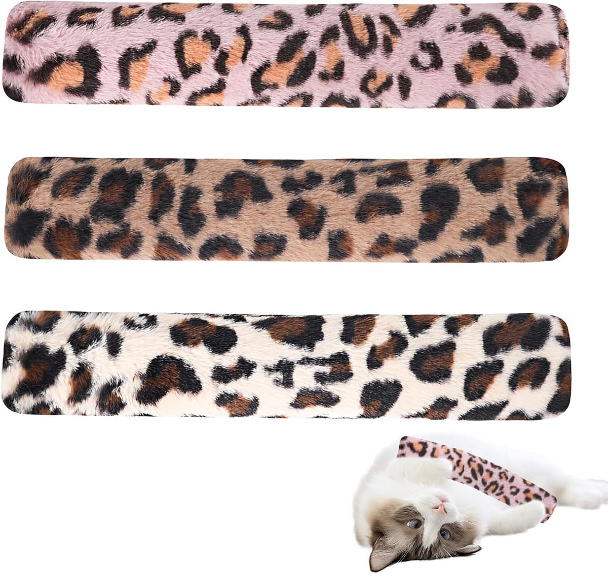 3 stuks pluche kattenspeelgoed, 37 cm, interactief kussen om te kauwen en te trappen, speelgoed met kattenkruid voor kittens en accessoires voor huisdieren, luipaardbruin, roze en wit
