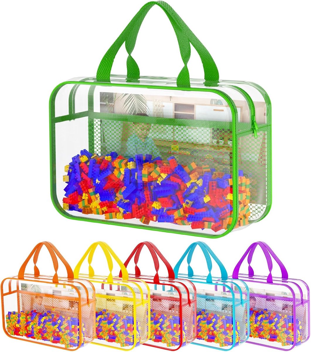 6 stuks pvc-speelgoedopbergzakken met ritssluiting, 30 x 23 x 9,7 cm, waterdicht, kleurrijk, reis- en organisatietassen met netvakken voor bouwstenen, puzzels, klei, speelgoedauto's