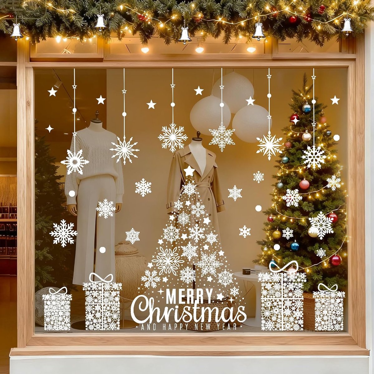 129 stuks kerststickers voor ramen, elektrostatisch, XXL, grote kerststickers, herbruikbaar, wit, kerstdecoratie, ramen, sneeuwvlok, boom, vitrofanie kerstvitrine voor decoratie, ramen