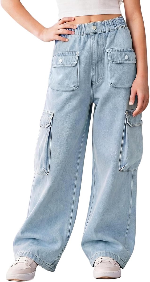 Jeans voor meisjes met 4 zakken, wijde Y2K-jeans, zachte, ademende katoenmix, casual streetwear voor kinderen voor school en vrije tijd